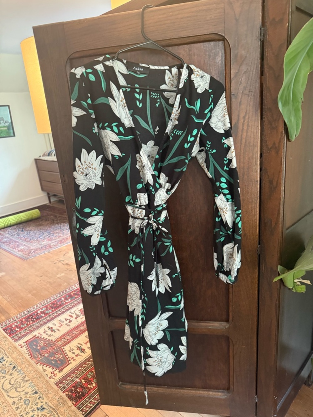 Aikaa Black Floral Wrap Dress with Green Accents